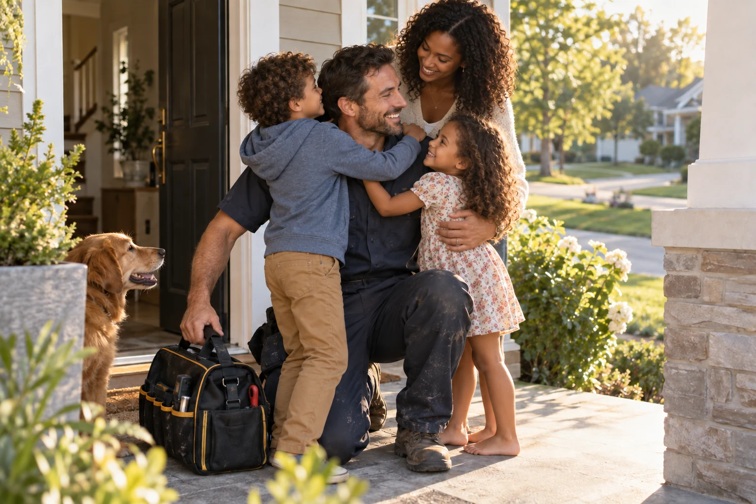 A handyman greeted at home by his family