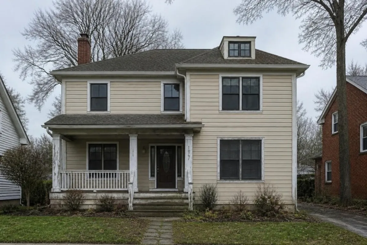 Same home with faded beige siding and worn trim
