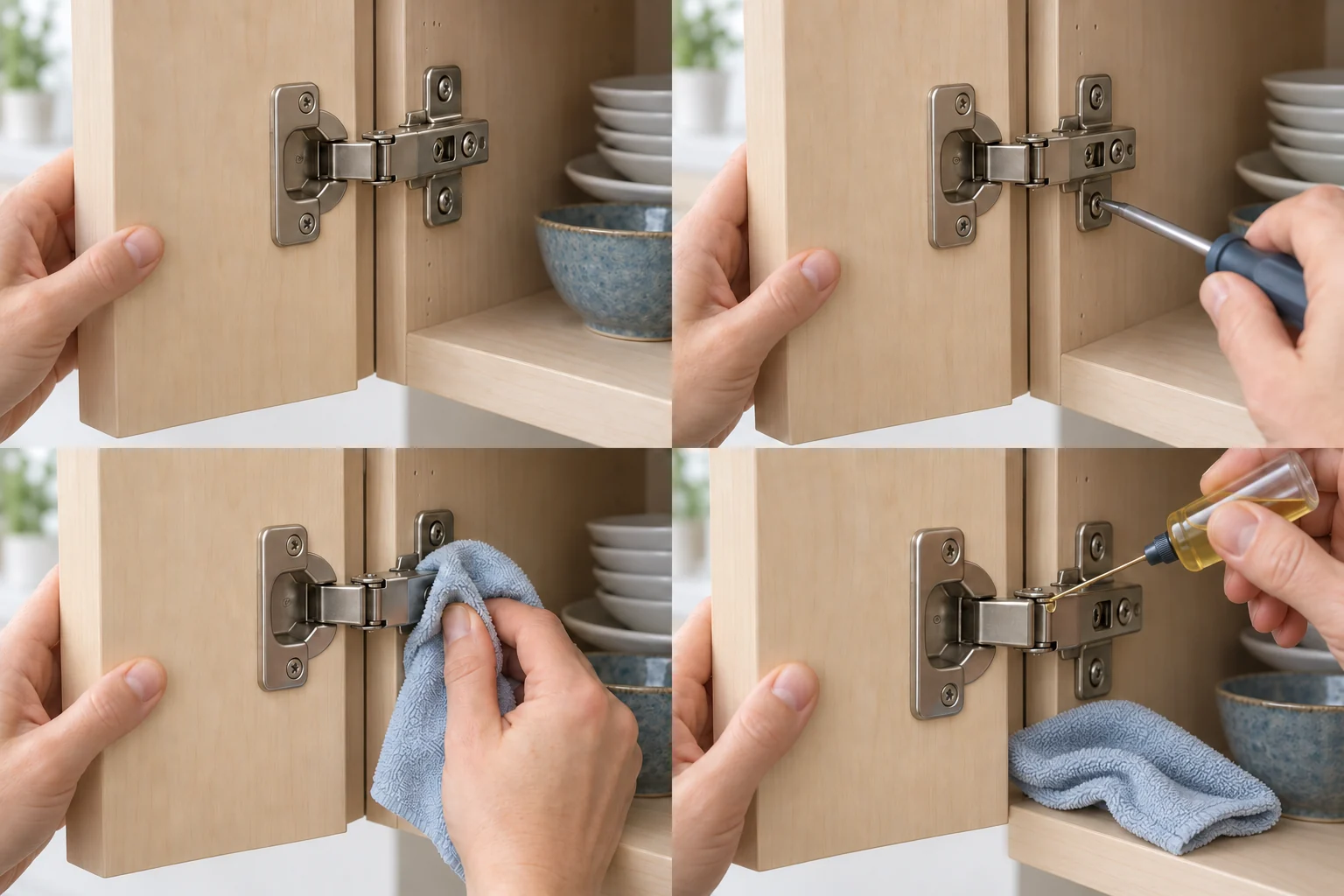 Supporting an open cabinet door while inspecting its hinge