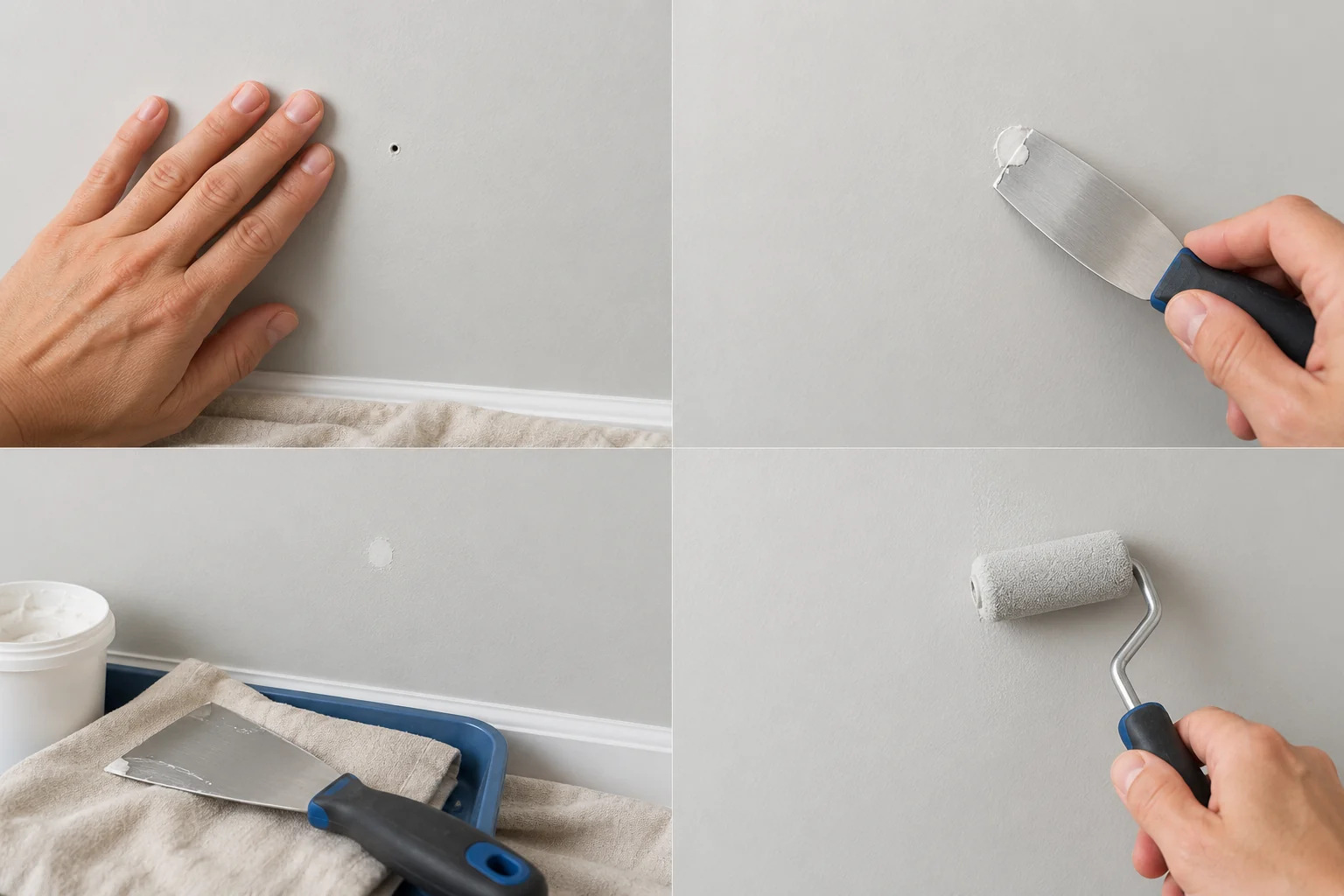 Hand checking firm drywall around a tiny nail hole