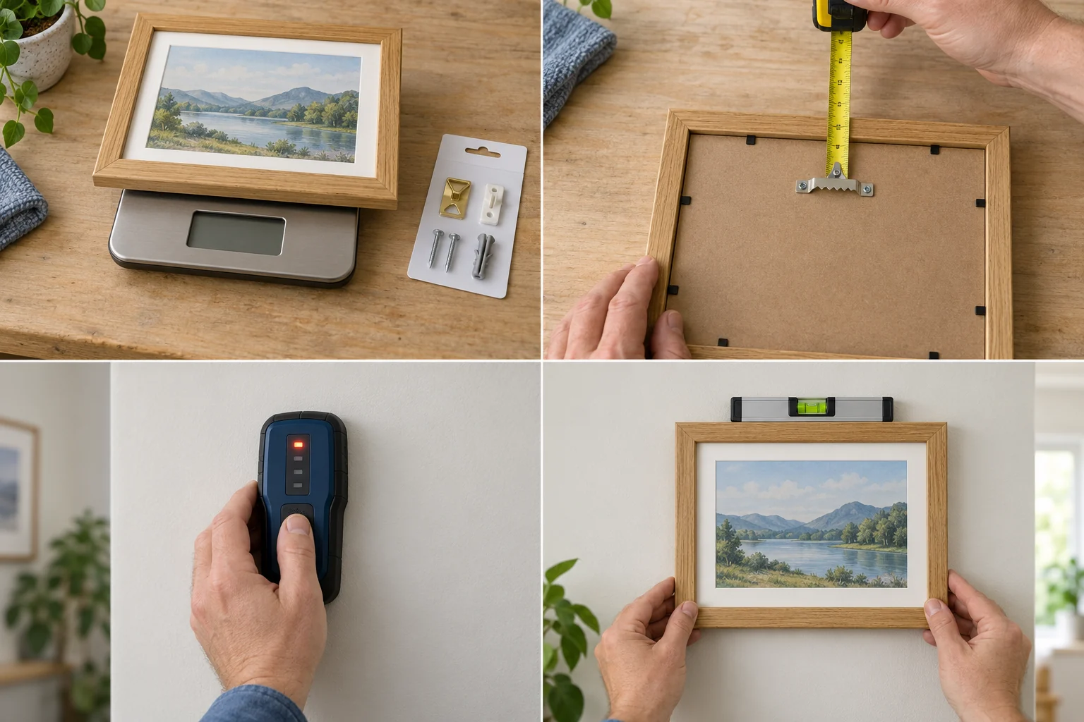 Small picture frame on a scale beside picture-hanging hardware